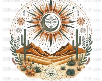 Mystic Western Boho png, Sun and Moon Desert Graphics, Bohemian Celestial Cactus Illustration, Vintage Western Art Sublimation Design, UVDTF