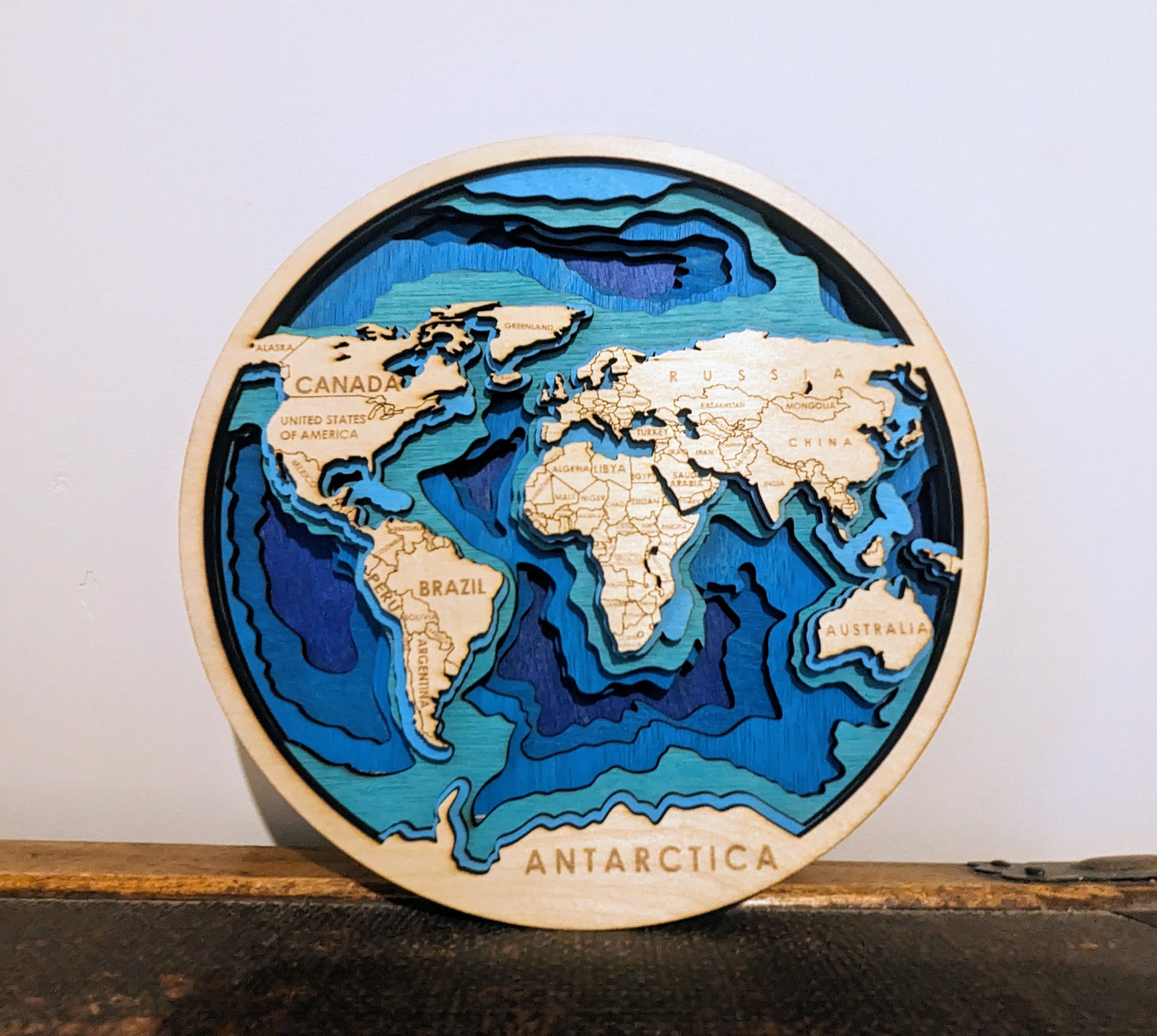 3D Layered World Map Wood Map Wall Decor Blue Map Educational Handmade