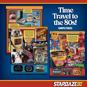 May include: A vibrant collage showcasing 1980s nostalgia. Featured items include a vintage video game console, a robot toy, Pac-Man merchandise, a ThunderCats action figure, and a box of Cookie Crisp cereal. The text "Time Travel to the 80s!" is displayed.