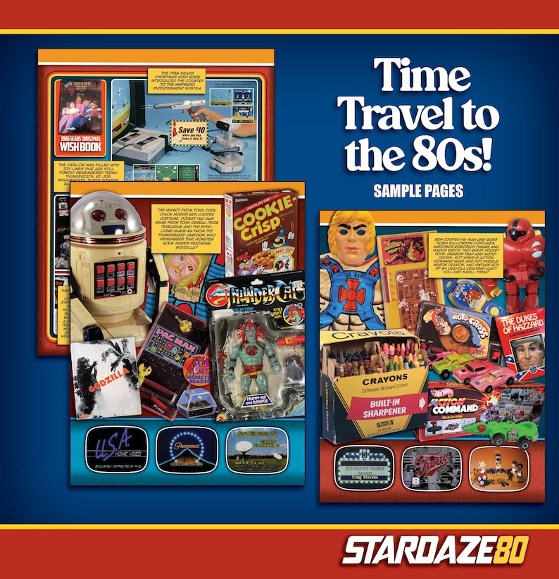 May include: A vibrant collage showcasing 1980s nostalgia. Featured items include a vintage video game console, a robot toy, Pac-Man merchandise, a ThunderCats action figure, and a box of Cookie Crisp cereal. The text "Time Travel to the 80s!" is displayed.