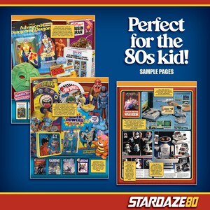May include: A promotional image with the text "Perfect for the 80s kid!" showcases vintage toys, including action figures, Hot Wheels cars, and comic books. The image has a blue background with a red and yellow border.