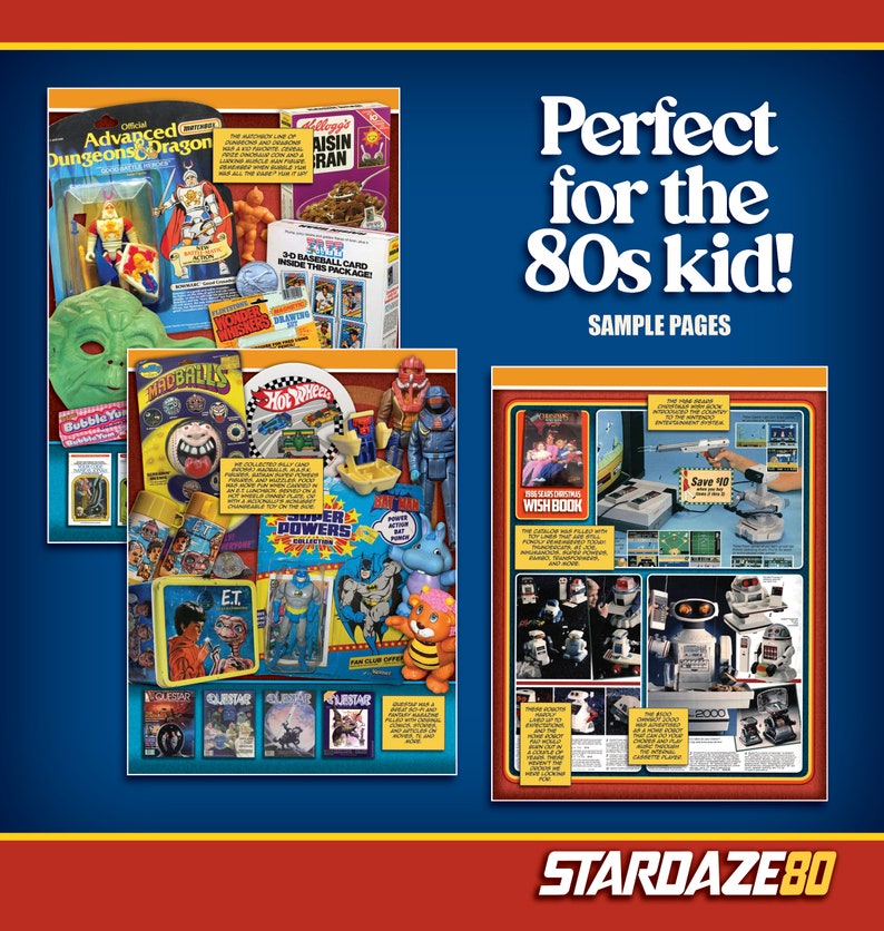 May include: A promotional image with the text "Perfect for the 80s kid!" showcases vintage toys, including action figures, Hot Wheels cars, and comic books. The image has a blue background with a red and yellow border.