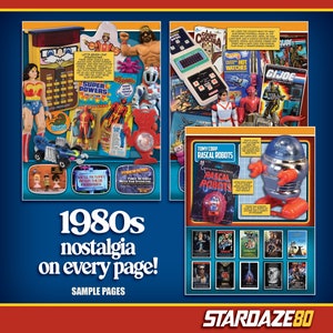May include: A collage of 1980s nostalgia items, including action figures, a handheld game, and movie posters. The text "1980s nostalgia on every page!" is displayed. The image has a blue background with a red border.