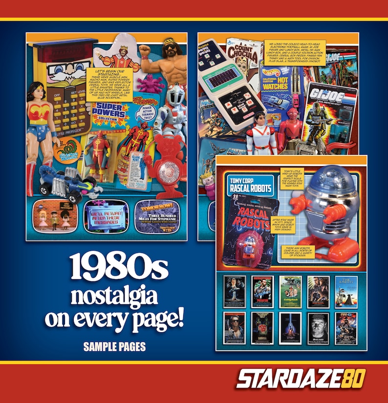 May include: A collage of 1980s nostalgia items, including action figures, a handheld game, and movie posters. The text "1980s nostalgia on every page!" is displayed. The image has a blue background with a red border.