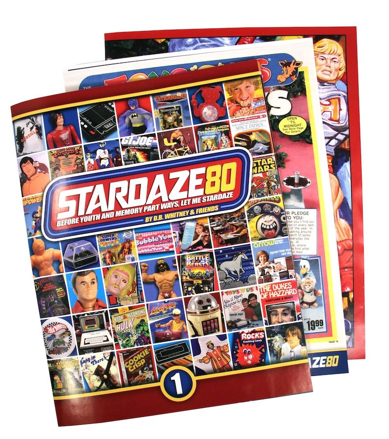 May include: A stack of vintage toy catalogs. The front catalog cover reads "STARDAZE 80" with various toy images. The catalogs feature a red border and include images of action figures, comic book characters, and other toys from the 1980s.