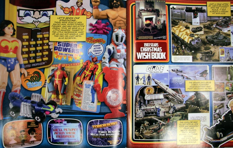 May include: A vintage magazine spread featuring action figures, a calculator, and a Christmas Wish Book. The toys include a Wonder Woman doll, Super Powers Collection figures, and G.I. Joe sets. The text includes "Super Powers Collection" and "1983 Sears Christmas Wish Book."