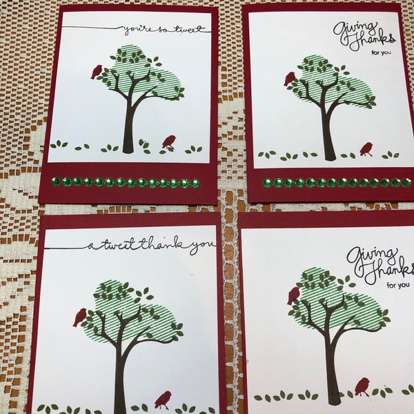 Set of 4 Handmade Tree Cards Thank You various
