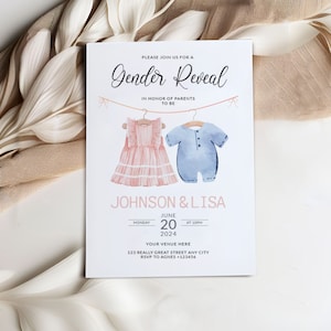 Tarjeta de invitación de revelación de género, tarjeta de invitación de revelación de género de ropa de bebé, tarjetas de invitación de revelación de género boho, solo descargas digitales