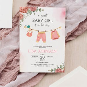 Girl Baby Clothes Baby shower Invitation, Sweet baby Girl is on her way Laundry, Pink Floral Boho baby, Editable Printable Files