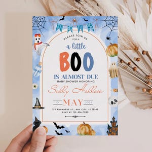 Editable &quot;A Little Boo&quot; Baby Shower Invitation, Boy Halloween Baby Shower Invite, Ghost Theme, Halloween Shower Template, Digital Download