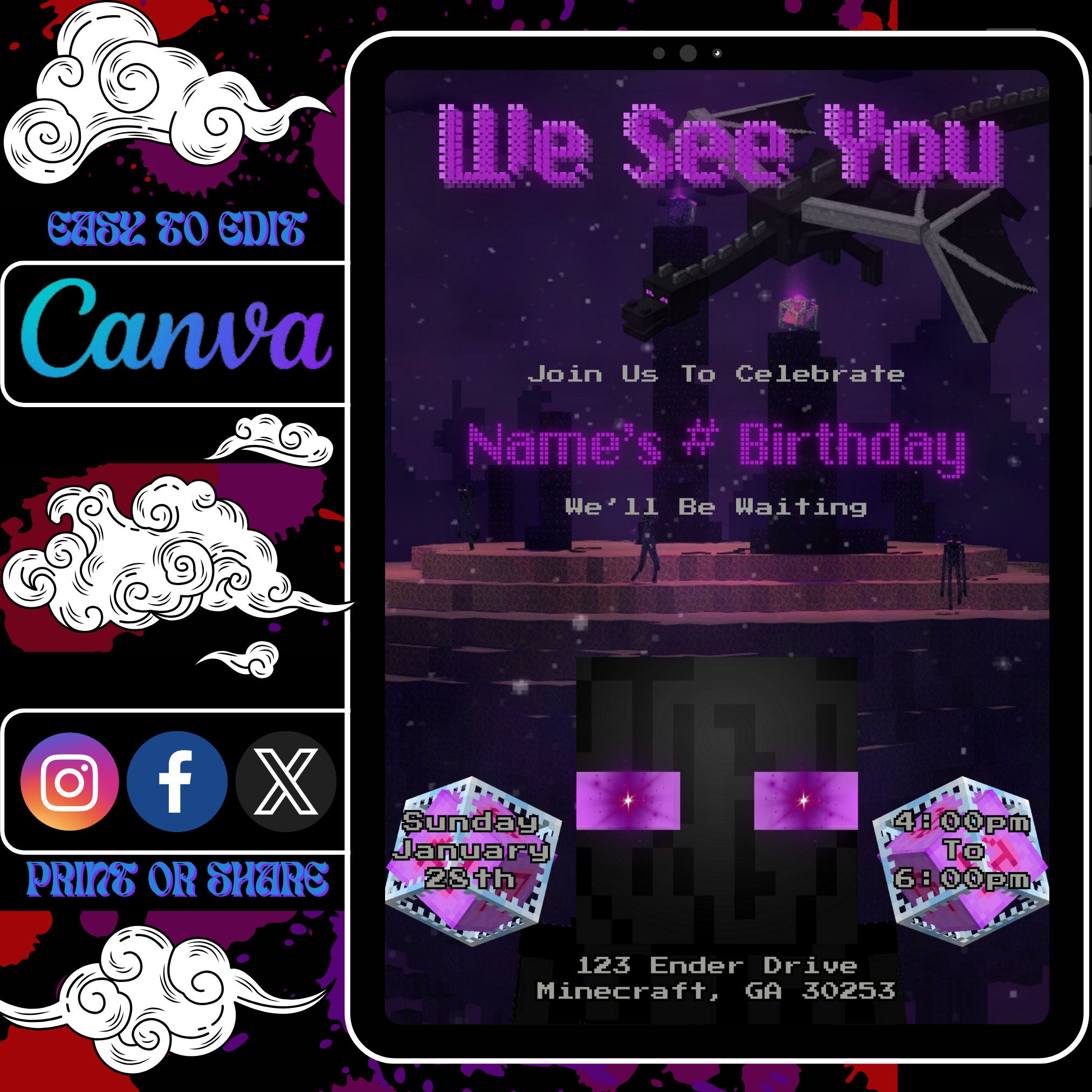 The End MineCraft Editable Minecraft Birthday Party Invitation Canva Template 5x7