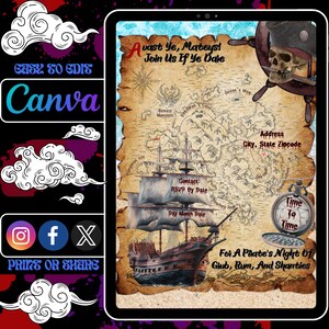 Pirate Life: bewerkbare uitnodiging piratenkostuum, canvassjabloon 5 x 7