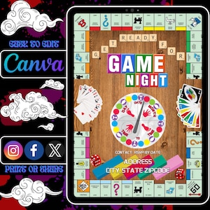 GameNight: Invitación editable a fiesta de noche de juegos, plantilla Canva 5x7
