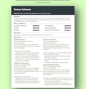 One Page Resume CV Template | ATS Resume | Clean and Simple | Skill Bars and Example | 2 Column Resume Template for Word