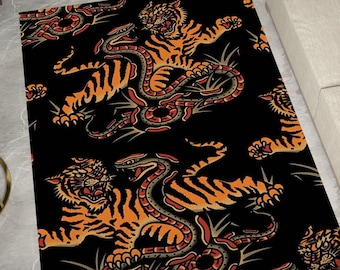 Tiger Rug,  Based Tibetan Carpet Horn Themed Eclectic Animal Pattern With Sun Accent Home Decor Kids Office Bathroom Area Kitchen