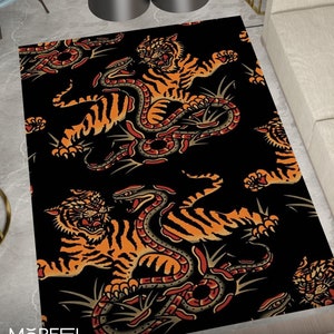 Tiger Rug,  Based Tibetan Carpet Horn Themed Eclectic Animal Pattern With Sun Accent Home Decor Kids Office Bathroom Area Kitchen