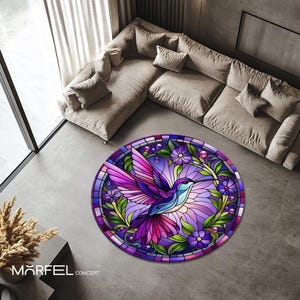 Hummingbird Round Rug: Purple Stained Glass Floral Mandala
