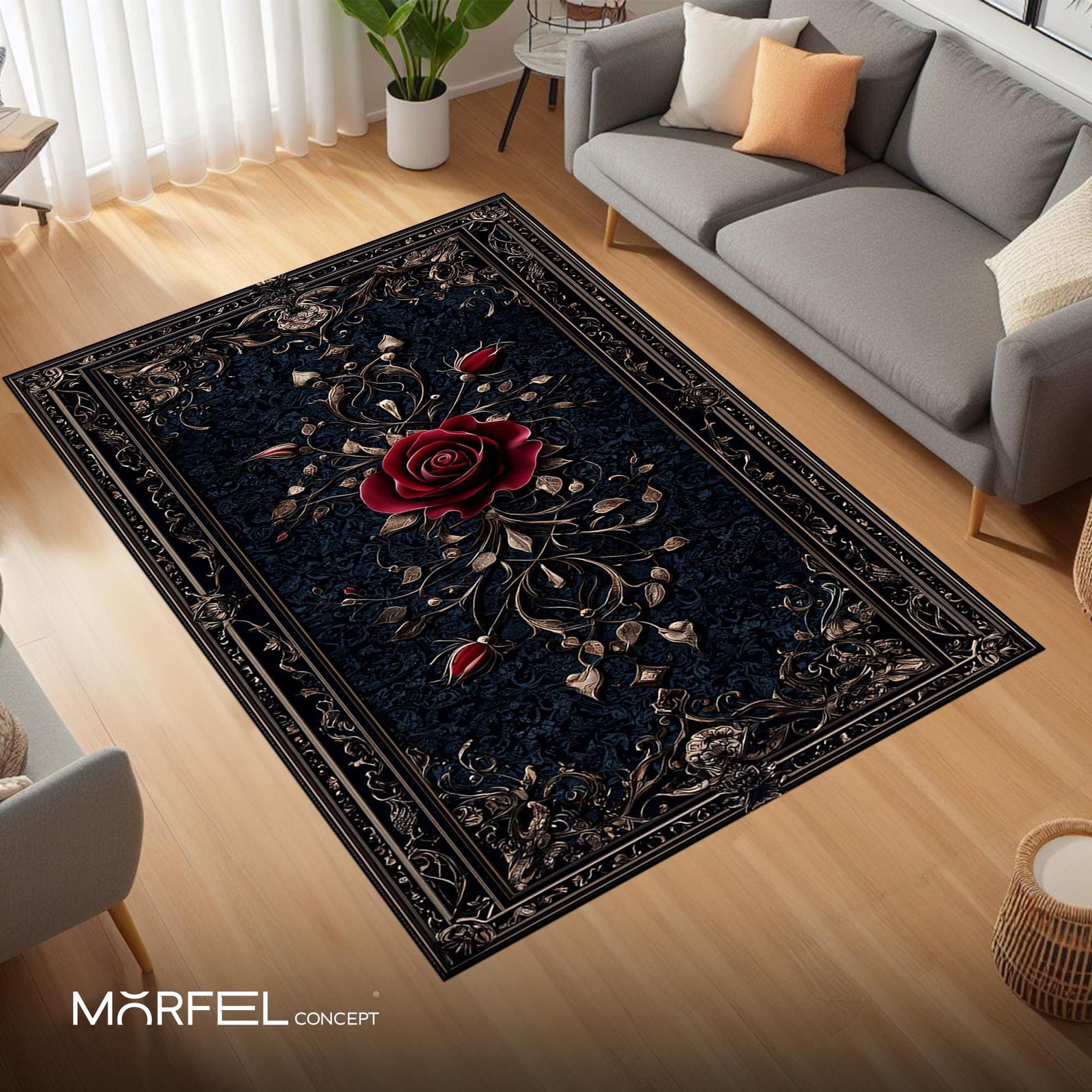 Gothic Rose Rug, Dark Floral Carpet, Black and Red Rug, Elegant Baroque ...