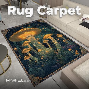 Enchanted Mushroom Rug – Glowing Forest Floor Carpet, Fantasy Nature Design,Cottagecore Fairycore Aesthetic, Psychedelic Woodland Home Decor