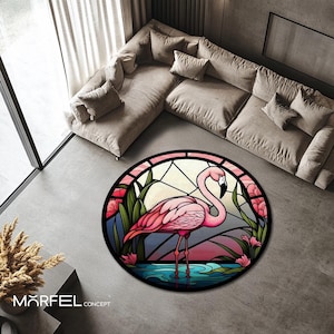 Stained Glass Flamingo Rug: Round Tropical Floral Carpet