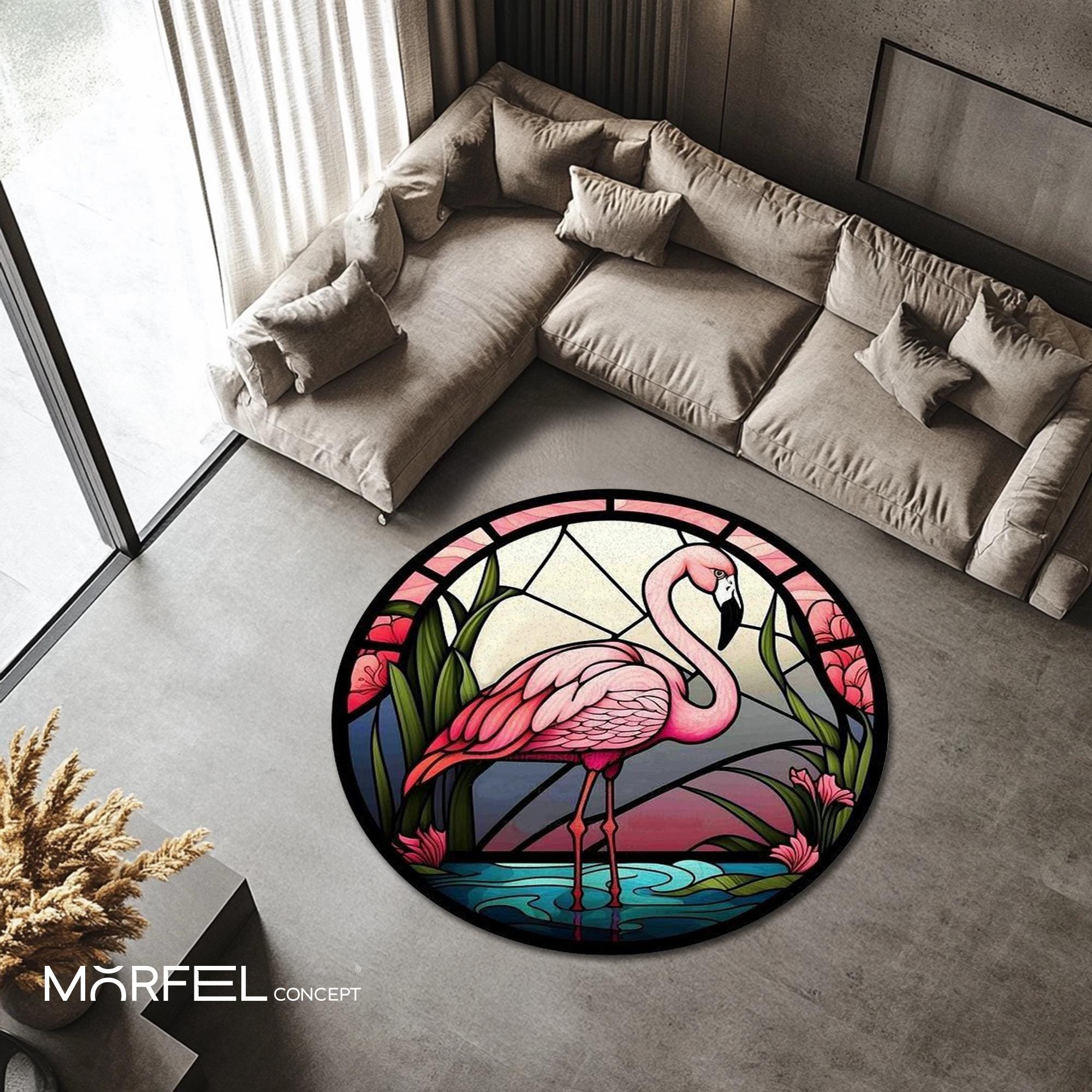 Stained Glass Flamingo Rug – Round Pink Bird Carpet with Tropical Floral Design, Soft Non-Slip Rug for Coastal, Boho - Summer Decor
