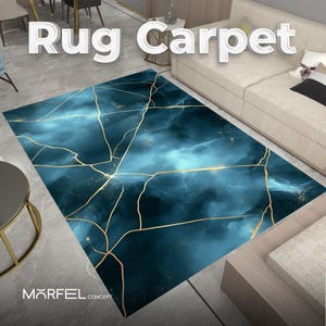Blue and Gold Galaxy Rug: Abstract Marble Design