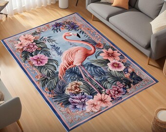Floral Flamingo Rug – Tropical Bird Carpet,Pink Flamingo with Jungle Flowers,Vibrant Botanical Decor, Exotic Nature-Inspired Living Room Rug