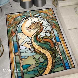 Alfombra de dragón con vitrales: alfombra de serpiente mítica con diseño de fantasía oriental, suave y antideslizante - Decoración de habitaciones místicas