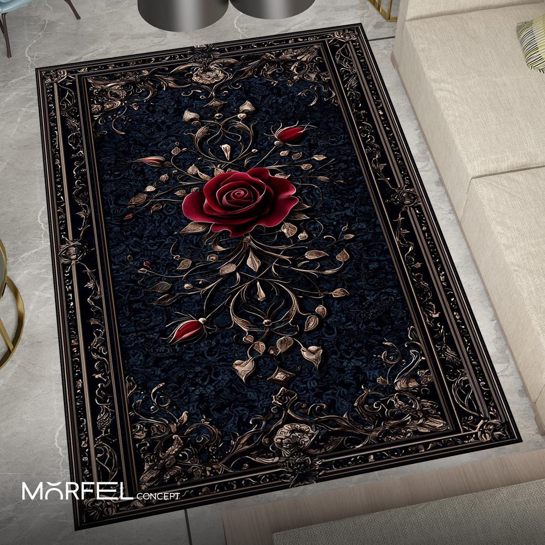 Gothic Rose Rug, Dark Floral Carpet, Black and Red Rug, Elegant Baroque ...