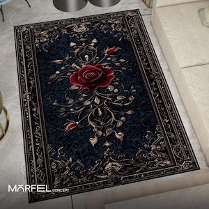 Gothic Rose Rug, Dark Floral Carpet, Black and Red Rug, Elegant Baroque Design, Vintage Rose Decor, Ornate Floral Rug, Soft and Durable