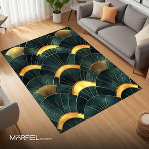 Gatsby Fan Art Deco Rug – Black and Gold Glam Carpet, 1920s Scallop Pattern Decor, Vintage Luxury Statement Piece, Jazz Age Style Rug