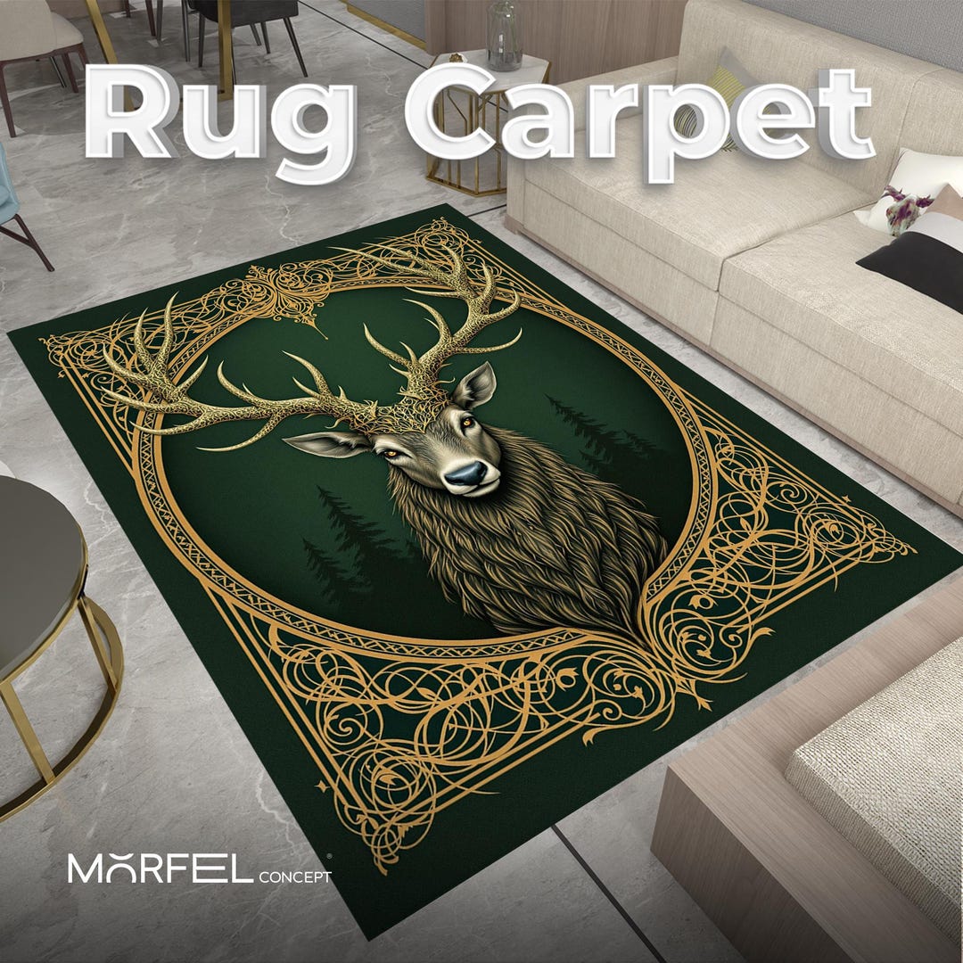 Majestic Stag Rug: Celtic Deer, Forest Green & Gold, Rustic Lodge Decor ...