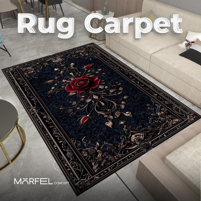 Gothic Rose Rug, Dark Floral Carpet, Black and Red Rug, Elegant Baroque ...
