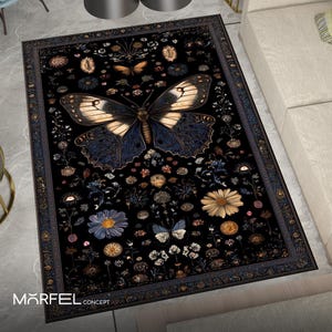 Butterfly Rug, Vintage Insect Carpet, Dark Floral Decor, Black and Gold Rug, Ornate Butterfly Design, Nature Inspired Rug, Non-Slip