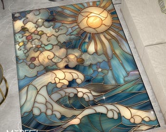 Stained Glass Wave Rug – Ocean and Sun Art Nouveau Carpet with Blue - Gold Tones, Soft Non-Slip Rug for Coastal & Artistic Interiors