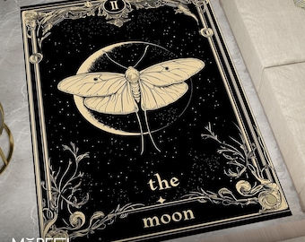 Moon Tarot Rug, Moth Tarot Card Carpet, Gothic Home Decor, Celestial Rug, Black and Gold Rug, Mystical Moon Rug, Witchy Room Decor, Soft