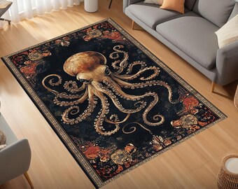 Octopus Rug, Vintage Kraken Carpet, Nautical Gothic Decor, Black and Gold Rug, Marine Life Rug, Baroque Ocean Design, Soft and Durable