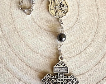 Handmade St Michael Hematite Car Rosary, Archangel Michael Pocket Rosary, Pardon Crucifix Car Rosary, St Michael Medal, Car Protection Beads