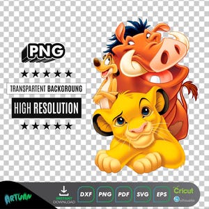 Puede incluir: Una ilustración digital de tres personajes de dibujos animados de la película El Rey León. Los personajes son Simba, Pumbaa y Timon. Simba es un cachorro de león amarillo con una melena marrón. Pumbaa es un jabalí marrón con un hocico rosado. Timon es una mangosta con un cuerpo marrón y una raya blanca en la cabeza.