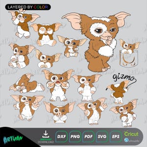 May include: A collection of brown and white Gremlin character illustrations in various poses. The image includes the word "gizmo" and the text "LAYERED BY COLOR" and "INSTANT DOWNLOAD" with file type icons for DXF, PNG, PDF, SVG, and EPS.