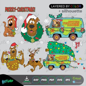 Op de afbeelding: Een verzameling cartoonafbeeldingen met Scooby-Doo-personages in kerstthema's. De afbeeldingen bevatten Scooby-Doo met een kerstmuts, een krans en een busje met het label "The Mystery Machine". De tekst "MERRY-CHRISTMAS!" is ook aanwezig.