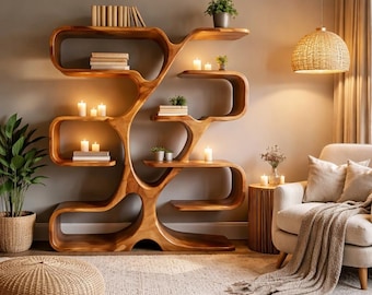 Sculptural Wooden Bookshelf | Organic Modern Artistic Shelving Unit, Living Room Decor