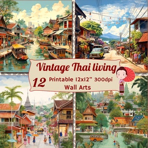 Vintage thai living watercolor illustration