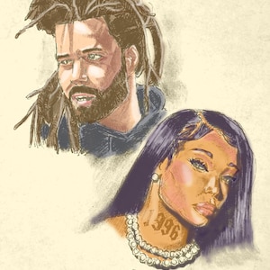 May include: A digital illustration of two people. The person at the top has brown dreadlocks and a beard. The person at the bottom has long purple hair and is wearing a pearl necklace with a tattoo that says "1996".