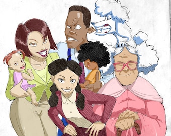 May include: A cartoon illustration of a family with a white poodle. The family includes a man, a woman, a young girl, a baby girl, and an older woman. The man is wearing a blue shirt and tie, the woman is wearing a green shirt and khaki pants, the young girl is wearing a red jacket and a white shirt, the baby girl is wearing a pink dress, and the older woman is wearing a pink dress and glasses. The poodle is white and has a pink collar.