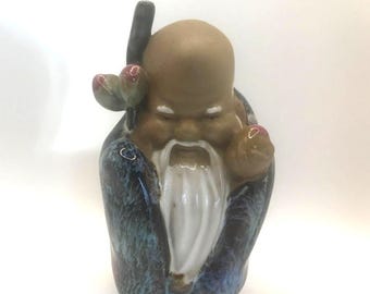 陶器製 老人像 杖と盾付き 象牙 置物 「寿老人」 ｜骨董品買取 緑和堂