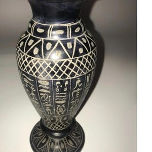 Egyptian Basalt Stone Vase Hand-Carved with Ancient Hieroglyphics and Figures.  Free Uk Delivery