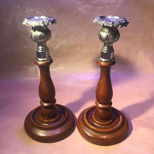 Timeless Elegance: A Pair of Vintage 1940s Oak Candlesticks with Ornate Chrome Thistle Sconces