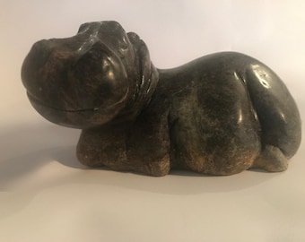 Shona Stone Sculpture in Pink Serpentine of “The African Hippo” from Zimbabwe.  Hand-Carved and Polished.   Free UK Delivery