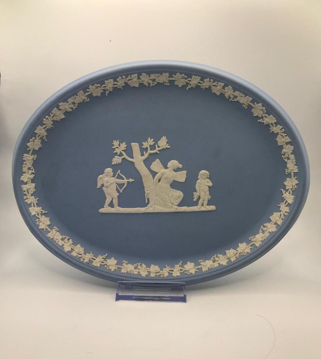 Vintage Wedgwood Blue Jasperware Oval Tray: Psyche & Cherubs Bas